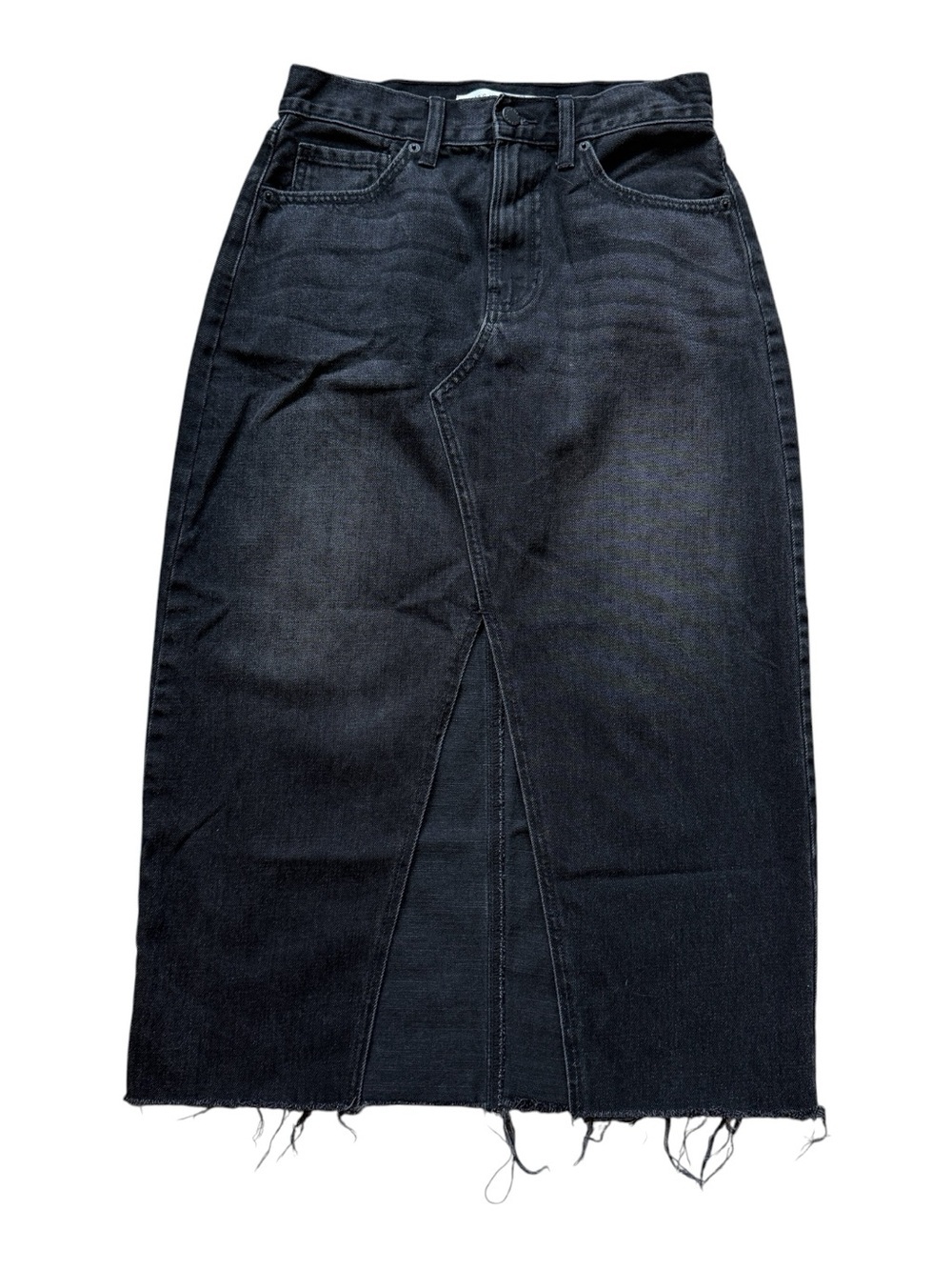 Altar’d State Black Denim Midi Skirt Front Slit Raw Hem Boho Western S High Rise